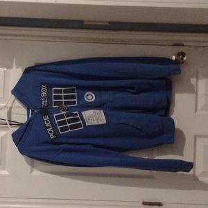BBC Dr. Who TARDIS Hoodie Zip-Up Jacket WITH Wibbly-Wobbly-Timey-Wimey Necklace